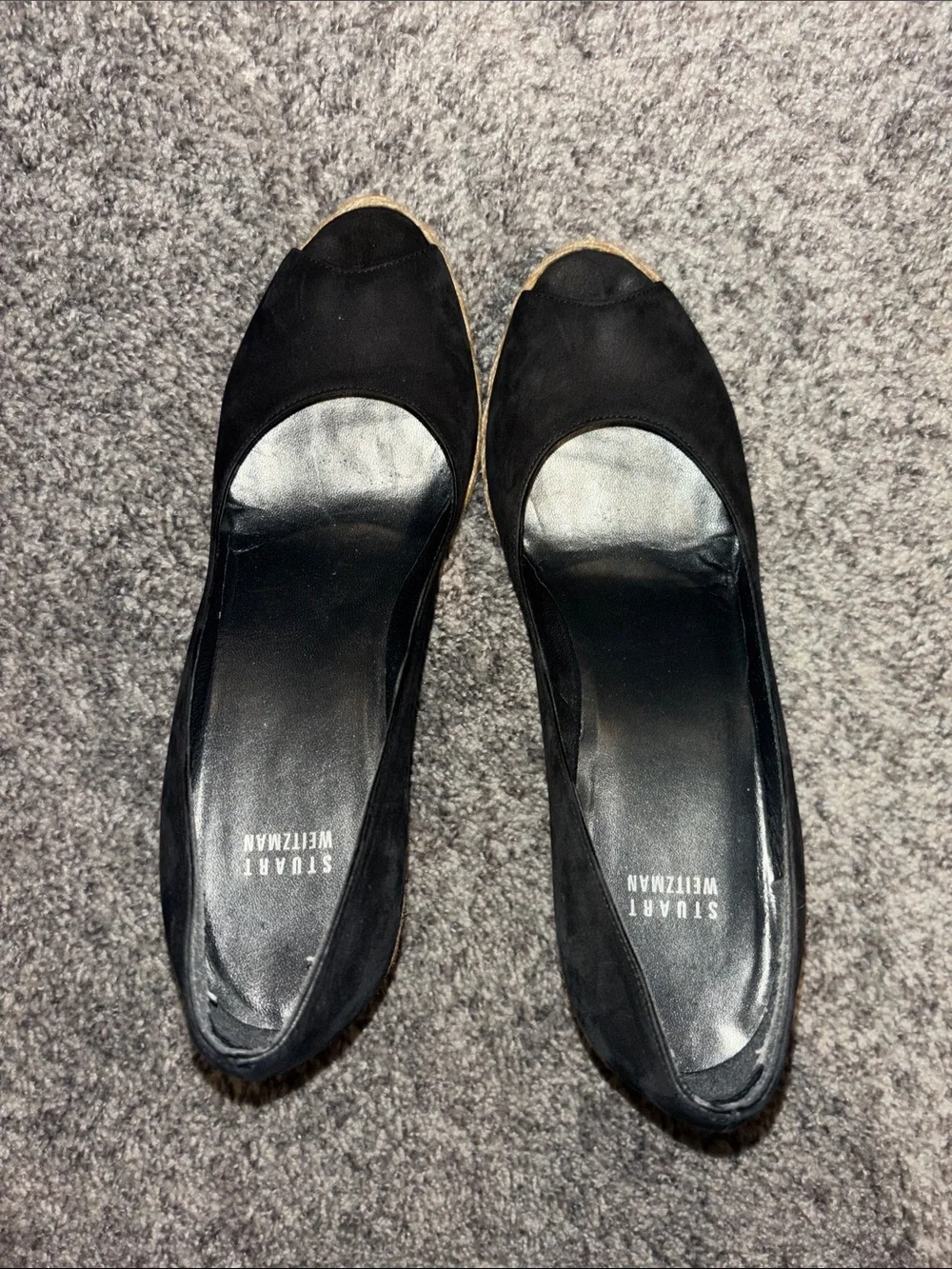 Stuart Weitzman Black Suede Peep-Toe Espadrille Wedges with Natural Jute